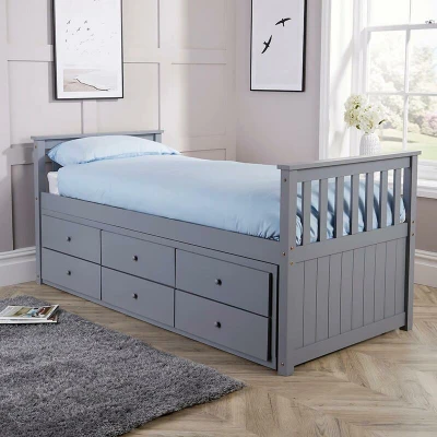 Image of Home Source Florida Kids Cabin Trundle Pull Out Day Bed, 3 Drawers, 3ft Single, Grey