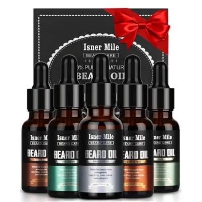 Image of ISNER MILE Beard Oil 5 Pack Set, Natural, Cedarwood, Sandalwood, Sage, Sweet Orange for Men Care, Moisturize, Soften, Strengthen, Christmas Gifts Him Dad Father Boyfriend