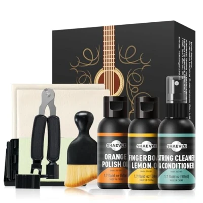 Image of Acoustic guitar cleaning Kit: Orange Polish Oil,Fingerboard Lemon Oil,String Cleaner,Guitar String Winder,String Brush,Cleaning Cloth&amp;String Cleaner Cloth for and maintenance