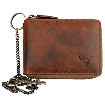 Image of FLW Glazed Genuine Leather Pocket Sized Wallet with a Bull Skull and Chain