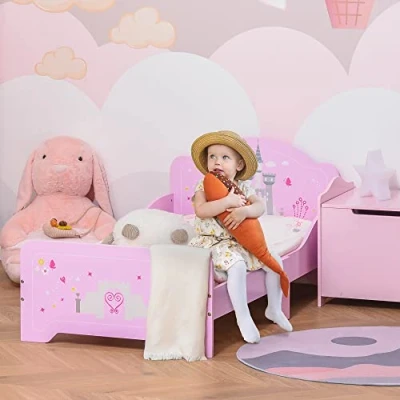 Image of HOMCOM Kids Bed Princess Castle Theme w/Side Rails Slats Home Furniture for 3 6 Yrs Pink 143 x 73 60 cm
