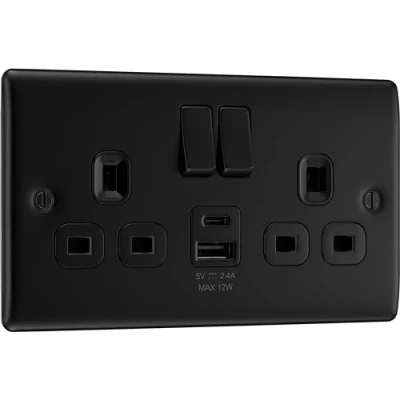 Image of BG Nexus Metal Matt Black, 13A Double Switched Socket with USB A + C 12W, Black Inserts