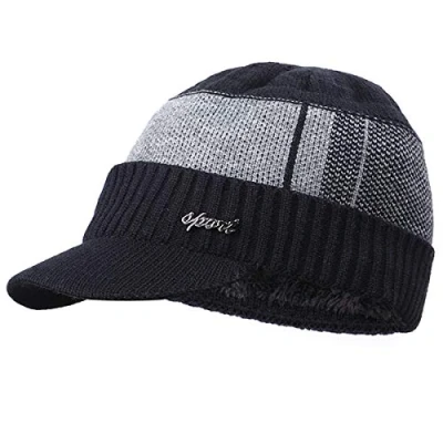 Image of Yixda Men&#039;s Winter Warm Beanie Hat Knitted Cap with Peak, black, One Size