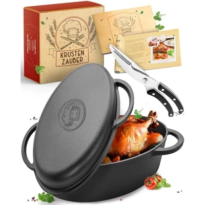 Image of KRUSTENZAUBER 38 cm Cast Iron Roasting Dish with Lid, Oven Safe, Includes Poultry Scissors, 9 kg Goose Roaster, Ideal XXL Casserole Pot, Stewing Induction, Pan