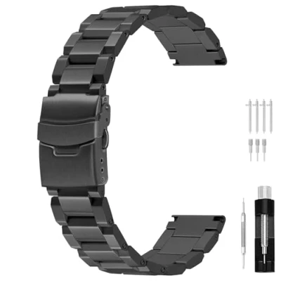 Image of Juntan Classic Straps 24mm Stainless Steel Watch Replacement Strap for Men Women Band with Metal Deployment Clasp Black