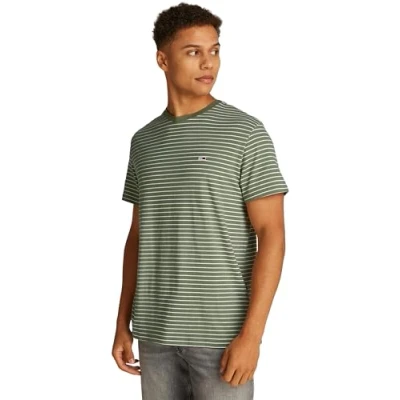 Image of Tommy Jeans Mens TJM Slim Stripe Tee Dm0dm20377 S/S T Shirt, Green (Aruba Green/Ecru), M UK