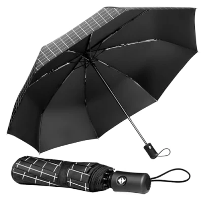 Image of TechRise Umbrella, Compact Strong Windproof Automatic Umbrellas, Folding Lightweight, Portable Travel Golf Umbrella for Rain, One Button Auto Open and Close, Black Plaid