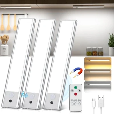 Image of Under Cabinet Kitchen Lights with Remote Control, Motion Sensor Indoor 3 Color Temperature Wireless Rechargeable 1300mAH Battery for Kitchen, Stair, Wardrobe, Cupboard(3 Pack)