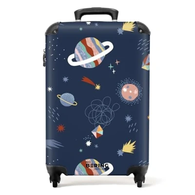 Image of NoBoringSuitcases.com® Children&#039;s Luggage Kids Suitcase for Boys Hand Cabin Hard Shell Trolley 55x40x20 cm on Wheels Space Planets Blue 20&quot; 10kg