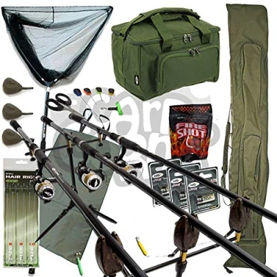 Image of Complete Carp Fishing Set Up 3 Rods Reels With Carryall Pod Net Mat and Tackle