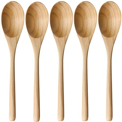 Image of AOOSY Wooden Spoon, 5 Piece Janpanese Style Kitchen Utensil Long Handle Hemu Wood Soup Spoons Set for Eating Mixing Stirring Cooking with Box