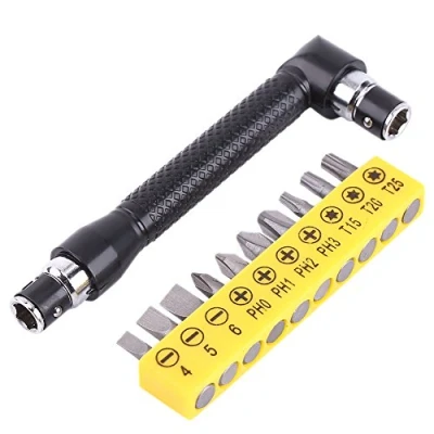 Image of Walfront L Shape 1/4 Inch Hex Socket Wrench Double Head with 10Pcs Various Angled Screwdriver Bits Hand Tool Set