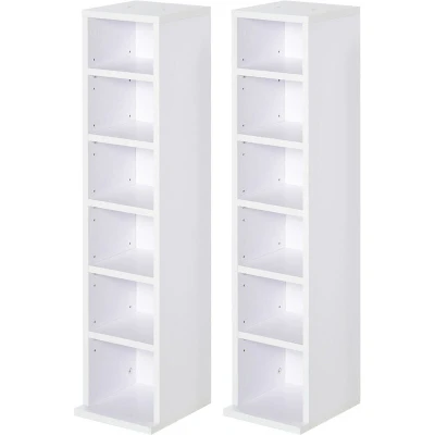 Image of HOMCOM 204 CD Media Display Shelf Unit Set of 2 Blu Ray Tower Rack w/Adjustable Shelves Bookcase Storage Organiser, White