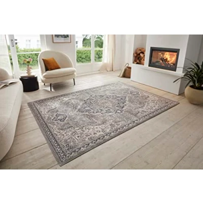 Image of Hanse Home Orken Oriental Rug Short Pile Vintage Living Room Soft Oeko Tex Runner for Bedroom, Dining Room, Hallway, Kitchen Grey Cream, 80 x 200 cm