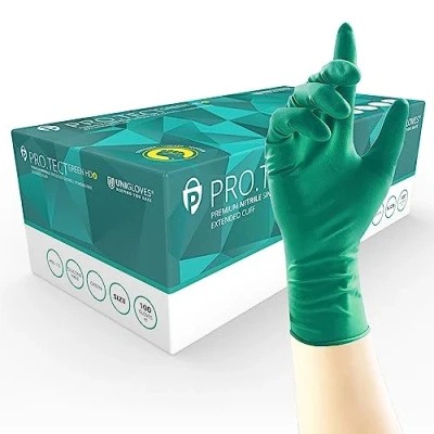 Image of Unigloves PRO.TECT Green HD+ Nitrile Extended Cuff Disposable Gloves Ultra Heavy Duty, Single Use, Multipurpose, Powder Free, Box of 100 Gloves, Size Extra Large (GA0095)