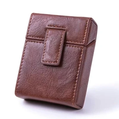 Image of Cigarette Storage Case PU Leather With Lighter Holder Portable Organizer Tobacco Pouch Box Container for Men and Women (Coffee)