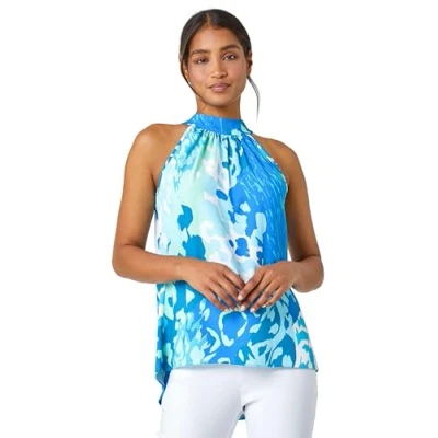 Image of Roman Petite Zig Zag Print Halterneck Top for UK Ladies Spring Everyday Summer Holiday High Round Neckline Comfy Sleeveless Soft Stretch Jersey Shirt Day Out Blouses Blue &amp; Blanc Size 18