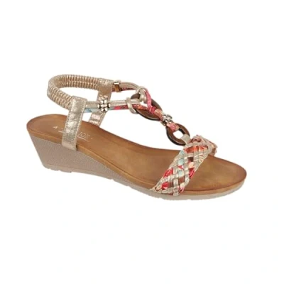 Image of Jo &amp; Joe Ladies Mid Heel Wedge Comfort Sandal with Glitzy Jewels and Elasticated Slingback Strap, Flexible sole sizes 4 8 (Gold 2, UK Footwear Size System, Adult, Women, Numeric, Medium, 6)