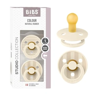 Image of BIBS Colour Studio Soother 2 Pack, BPA Free Dummy Pacifier, Round Nipple. Natural Rubber Latex, Made in Denmark, Size 1 (0 6 Months), Pin Ivory Steel Blue