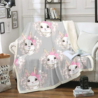 Image of Girls Cute Rabbit Plush Blanket Cartoon Bunny Print Fleece for Sofa Couch Toddler Lovely Little Decor Sherpa Throw Chic Floral Animal Fuzzy Single 50&quot;x60&quot;