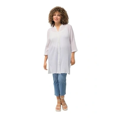 Image of Ulla Popken Women&#039;s Long Blouse, Crepe, Stand up Collar, V Neck, 3/4 Sleeves, Snow White, 20 UK/22 UK