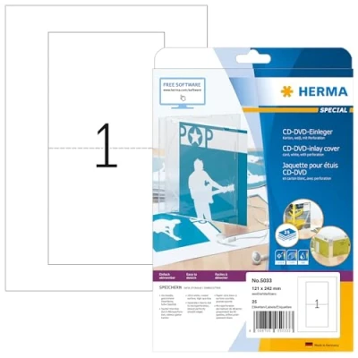 Image of HERMA CD Slim Case Inserts, 1 Piece Labels per A4 Sheet, 25 Sheets, 121 x 242 mm, Pieces, Blank Inlays, Printable Card Inserts for Laser &amp; Inkjet Printer, White