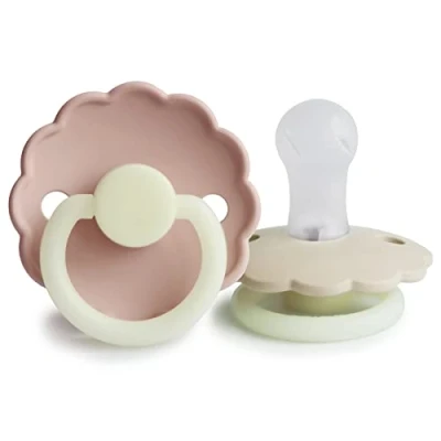Image of FRIGG Daisy Night Silicone Pacifier Pack of 2 Soother Dummy Glow BPA Free Made in Denmark Symmetrical Cherry Shaped Nipple (Blush Night/Cream (0 6 Months))