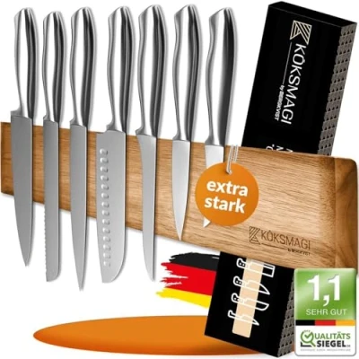 Image of KÖKSMAGI Oskar Magnetic Knife Strip (40 cm) Acacia Wood Ferrite Magnets, Self Adhesive &amp; Drilling, 5 knives, Brown (Natural Grain)
