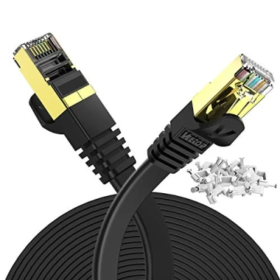 Image of Veetop 5m/16.4ft Flat Cat7 Ethernet Cables High Speed 10Gbps RJ45 Network Cable with STP Copper Wires Shielded &amp; Gold Plated Connector for Router Modem Switch(Black)