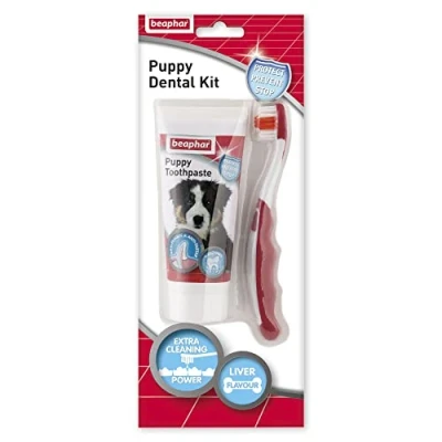 Image of Beaphar Toothbrush &amp; Toothpaste Dental Care Kit Puppies Includes A Small Headed And Liver Flavoured Enzymatic Toothpaste, 50g Tube
