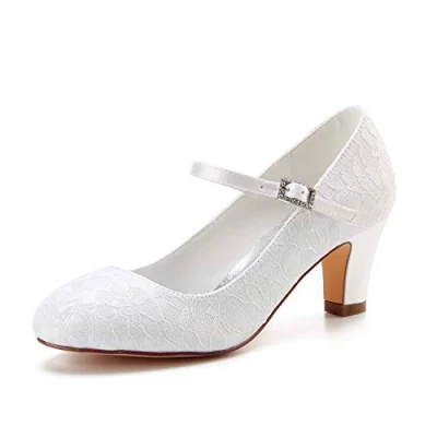 Image of Emily Bridal Wedding Shoes Women&#039;s Lace Chunky Heel Closed Toe Pumps with Buckle (EU40/UK7, Ivory)