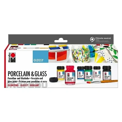 Image of Marabu Porcelain Ceramic And Glass Glossy Paint, 6x15ml Set, For Painting Stamping, Waterbased, Washable, Dishwasher Safe