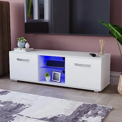 Image of Vida Designs Cosmo LED TV Unit 2 Door Modern Gloss Matte MDF Living Room Cabinet Media Stand Furntiure RGB Light White 120cm