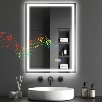 Image of HOMCOM 500 x 700 mm Bluetooth Bathroom Mirror with LED Lights, Illuminated Backlit Wall Mounted Vanity 3 Colours Dimmable, Demister Pad, Memory Function, Touch Sensor, IP44