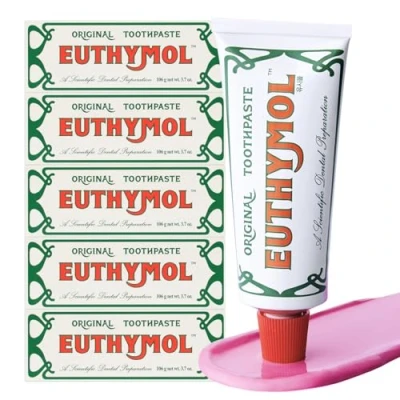 Image of EUTHYMOL Original Toothpaste (3.7fl oz, Pack of 5) Fluoride Free for Sensitive Teeth &amp; Gum. Bad Breath, Cavity Prevention, 12 Hour Long Lasting Freshness with Wintergreen.