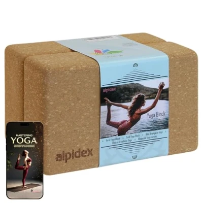 Image of ALPIDEX yoga block set of 2 ecological and sustainable natural cork from Portugal pilates fitness brick, Size:2 pieces 23 x 14 7.5 cm