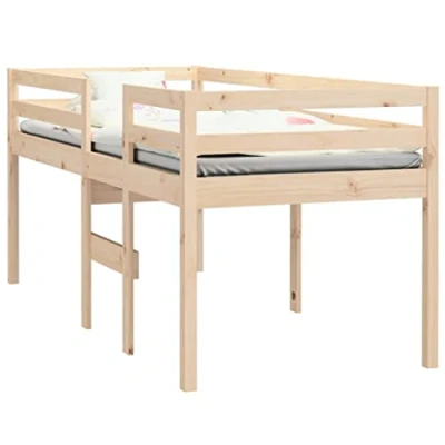 Image of vidaXL High Sleeper Bed 75x190 cm Small Single Versatile Pinewood Bed, Natural Rustic Appearance, Safe Design with Built in Ladder and Guardrails, Ideal for Rooms