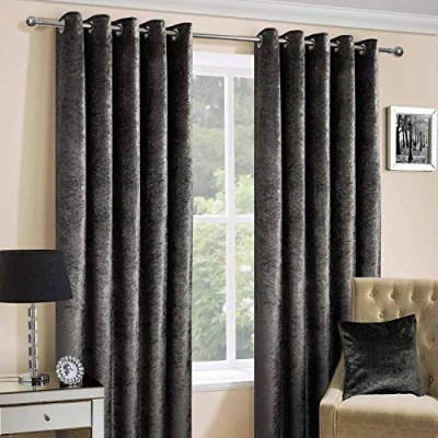 Image of HOMESCAPES Dark Grey Crushed Velvet Lined Curtain Pair 46 x 72 Inch Drop (117 182 cm) Luxury Heavy Weight Contemporary Neutral Eyelet Curtains