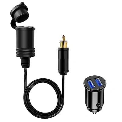 Image of Hoembpn 90cm Male DIN Plug Cigarette Lighter Adapter Socket Waterproof,12V/24V Mini Dual USB Car Charger Socket, to Female Extension Cable for Motorcycles