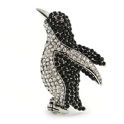 Image of Avalaya Black/Clear Crystal Penguin Brooch in Aged Silver Tone Metal 50mm Tall