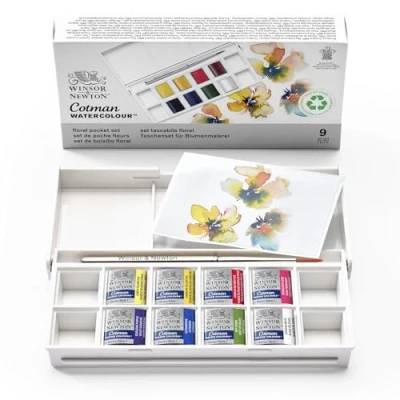 Image of Winsor &amp; Newton, Cotman Watercolour, &#039;Floral Pocket Set&#039; , 8 x Half Pans + 1 Travel Brush