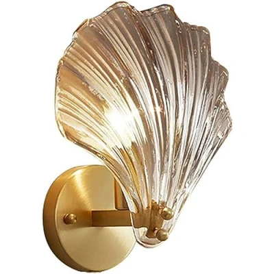 Image of KlkrzJwy Modern Crystal Wall Light, Brass Base Shell Sconces Lamp, E14 Gold Lamp Lighting Fixtures For Bedside Bedroom Living Room Corridor Dining Hallway (Amber)