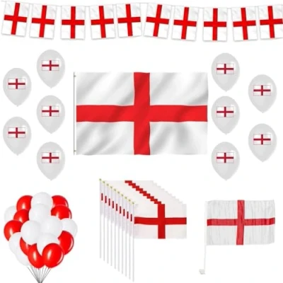 Image of 53PCS England St George Party Pack For Euro Cup FIFA World Decoration Garden Bar Restaurant Indoor Outdoor Football Fan Flags, Bunting, Balloons