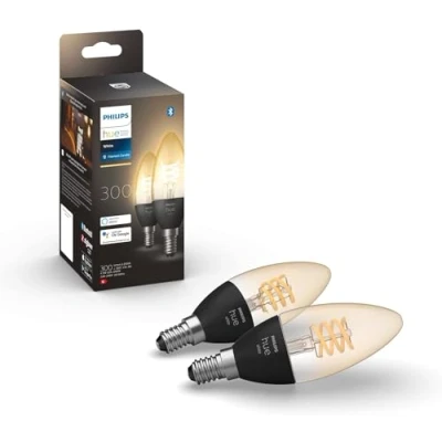 Image of Philips Hue Warm White Filament Candle Smart Light Bulb 2 Pack [E14 Small Edison Screw] with Bluetooth. Works Alexa, Google Assistant and Apple Homekit.