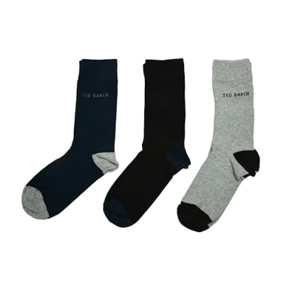 Image of Ted Baker London Mixxed 3 Pair Pack of Mens Ankle Socks Organic Cotton Black Navy Blue &amp; Grey Size 7 11