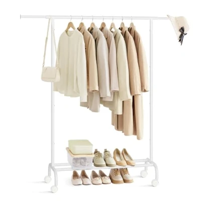 Image of SONGMICS Clothes Rail, Rack, Extendable Hanging Clothing Storage with Wheels, 45 kg Total Max. Load, 40 x (83 120) 156 cm, Cloud White HSR134W01