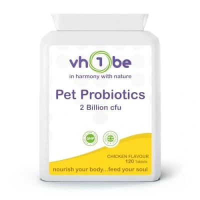 Image of vh1be Pet Probiotics for Dogs, Itchy Skin, Diarrhoea, IBS, 120 Chicken Flavour Tablets, 30 Servings