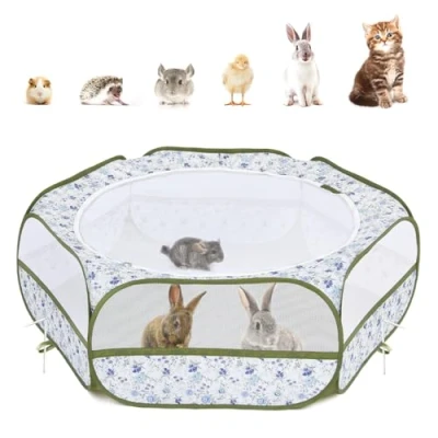 Image of Pawaboo Small Animals Playpen, Waterproof Pet Cage Tent with Zippered Cover, Portable Outdoor Yard Fence 3 Metal Rod for Chick/Kitten/Puppy/Guinea Pig/Rabbits/Hamster, Blue + White Flower