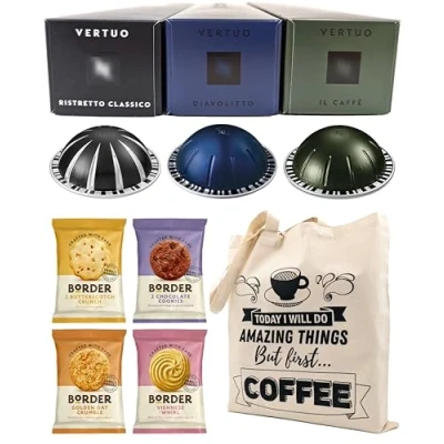 Image of Nespresso Vertuo Coffee Capsules Strong Espresso Selection Ristretto Classico, Diavolitto, Il Caffè 3 Boxes (30 Pods) Bundled with Border Biscuits &amp; Giftable Tote Bag