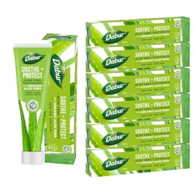 Image of Dabur Aloe Vera Organic Toothpaste 100g (Pack of 6) Prevent Cavities Naturally with Herbal Extracts Enriched